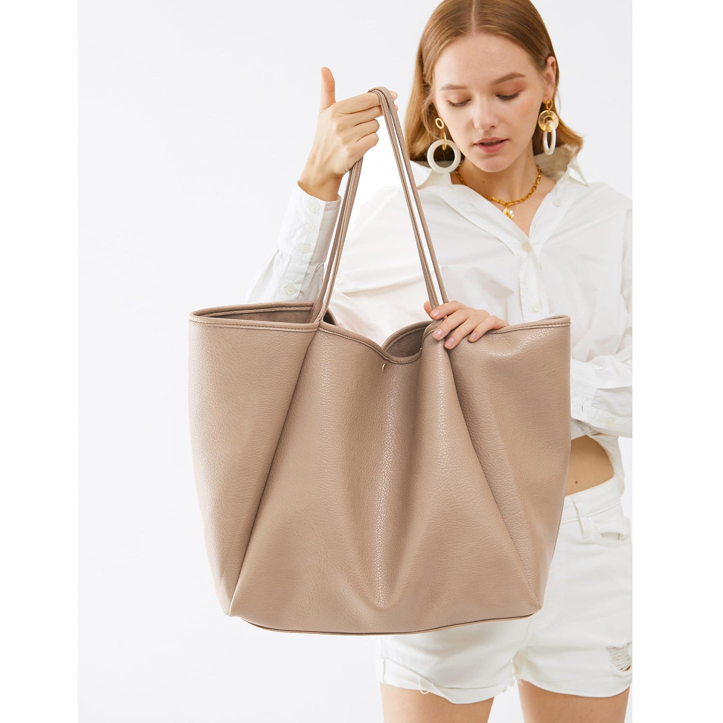 Oversize Pu Leather Tote Women Weekender Bag Shopper Handbag Travel Purse (Nude)