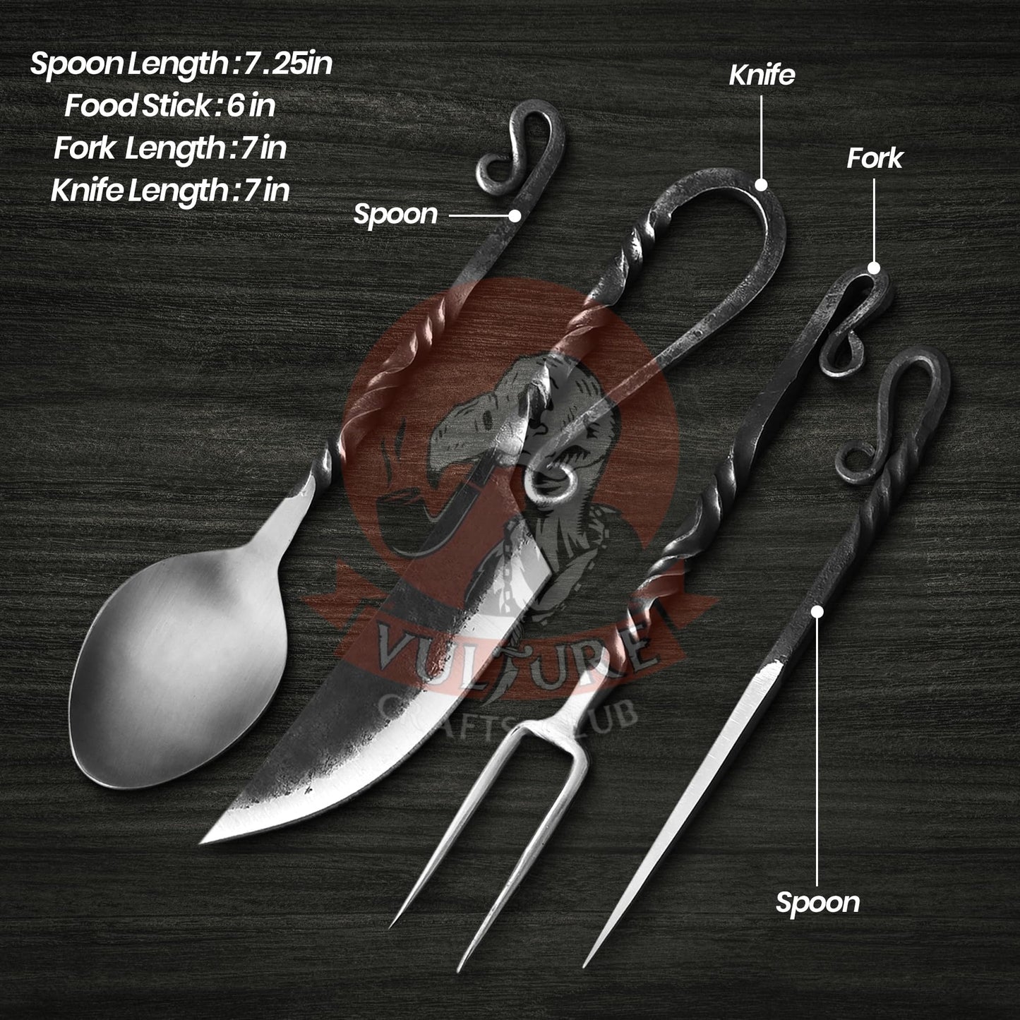 Medieval Silverware Set with Leather Cover - Hand Forged Medieval Cutlery Set - Viking Camping Utensils, Medieval Decor,Gifts - 4 Pcs Viking Utensils Set Fork Spoon and Knife Set (Half Black) (Silver Black)