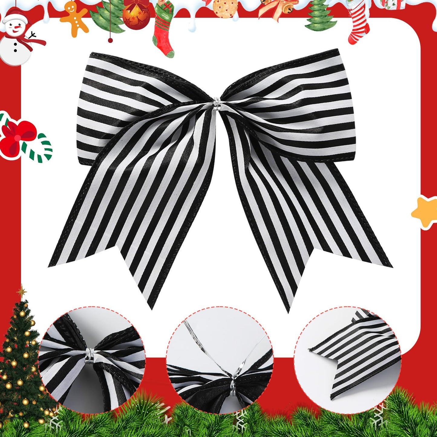Fancheer 12 Pcs Christmas Bows Decorations Large Christmas Tree Bows Xmas Wreath Ribbons Ornaments Halloween Party Gift Decor Black White Striped for Nightmare Jack