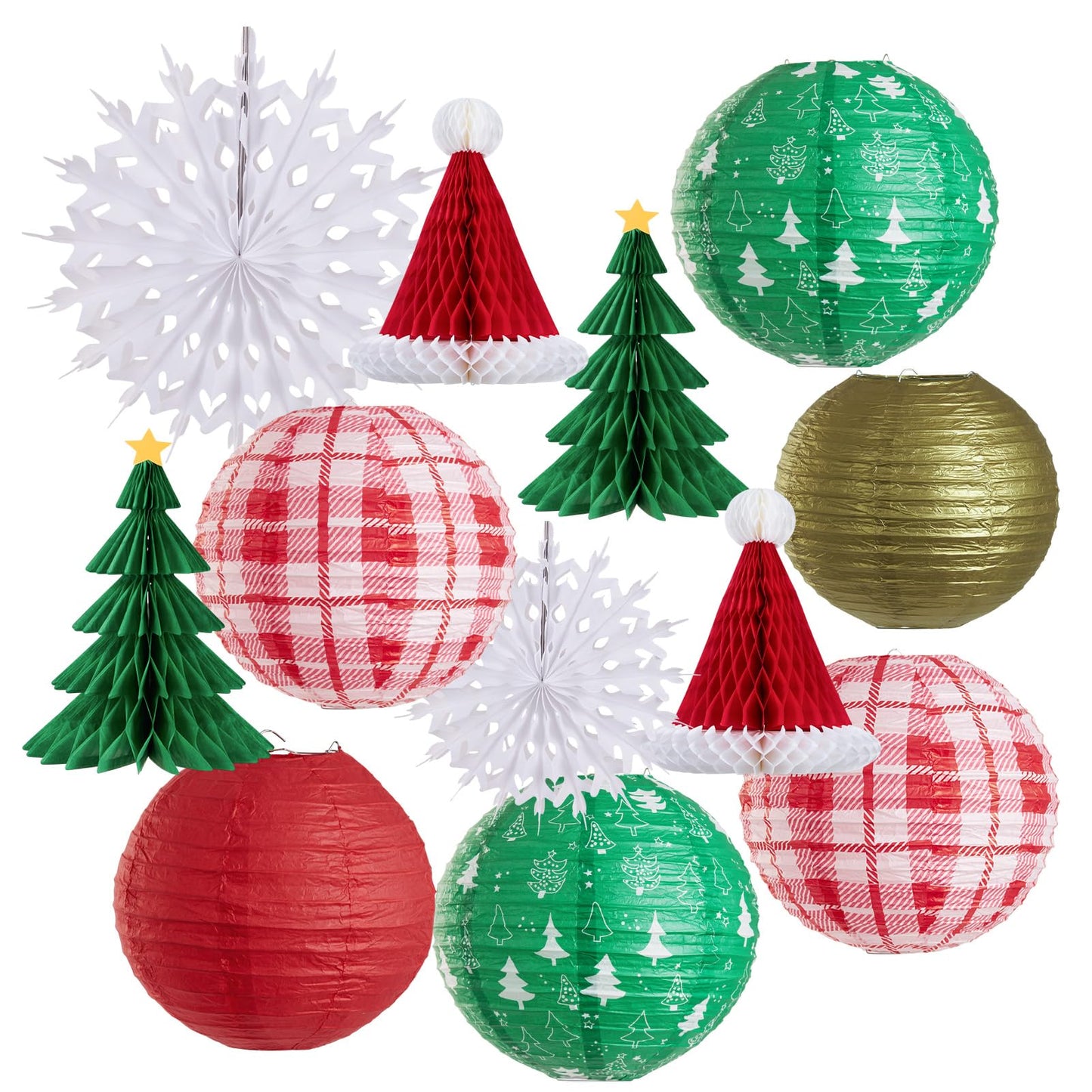 OBBOLO Christmas Hanging Decorations, 12 PCS Paper Lanterns, Honeycomb Christmas Trees, Hanging Paper Fans, Red Green Gold White Holiday Party Supplies for Home Xmas Holiday Party