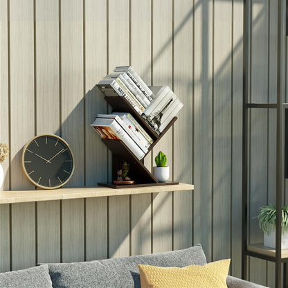 R RUISHENG 3 Tier Small Tree Bookshelf Desk Book Organizer Narrow Bookcases for Books Magazines CDs Free Standing Retro Wooden Storage Shelves for Home Office Bedroom Living Room Dark Walnut