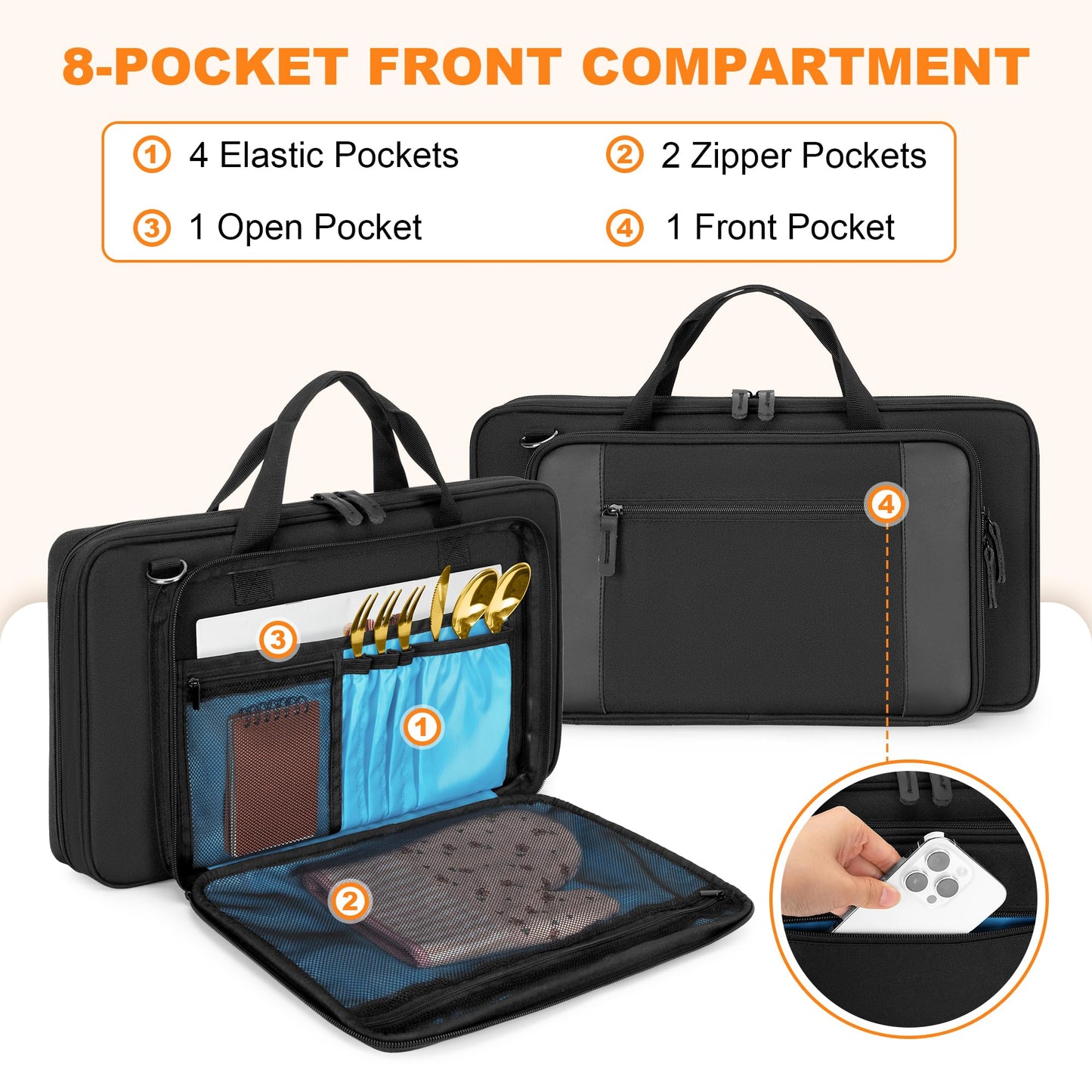 YARWO Chef Knife Bag with 20-Pockets, Professional Knife Sheath Storage Case with Shoulder Strap and Top Handle, Cooks & Culinary Tools Organizer Holder for Kitchen Travel Cooking Utensils (Bag Only)