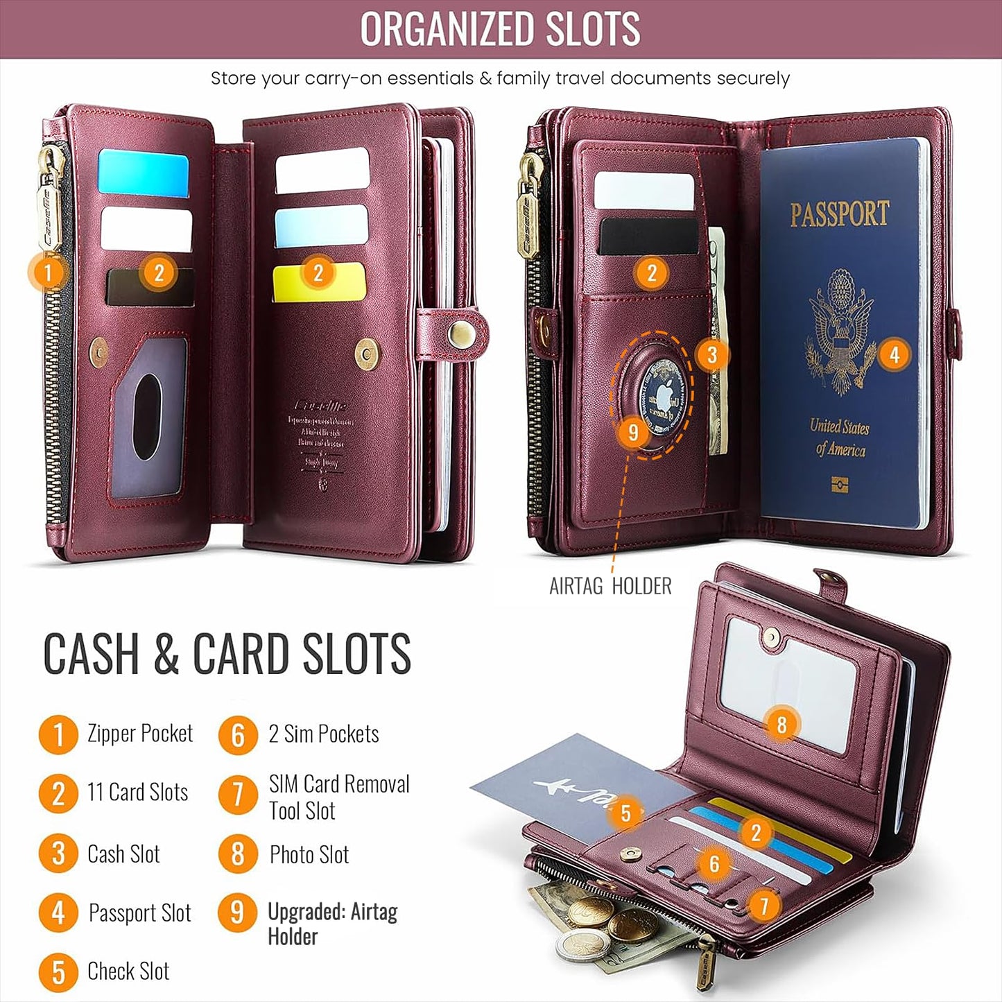 XIMAND Passport Holder Wallet Bag with AirTag Holder, 11 Card Slots and Passport Solt Cash Solt Photo Solt Zipper Pocket, RFID Blocking Wristlet Strap.Wine