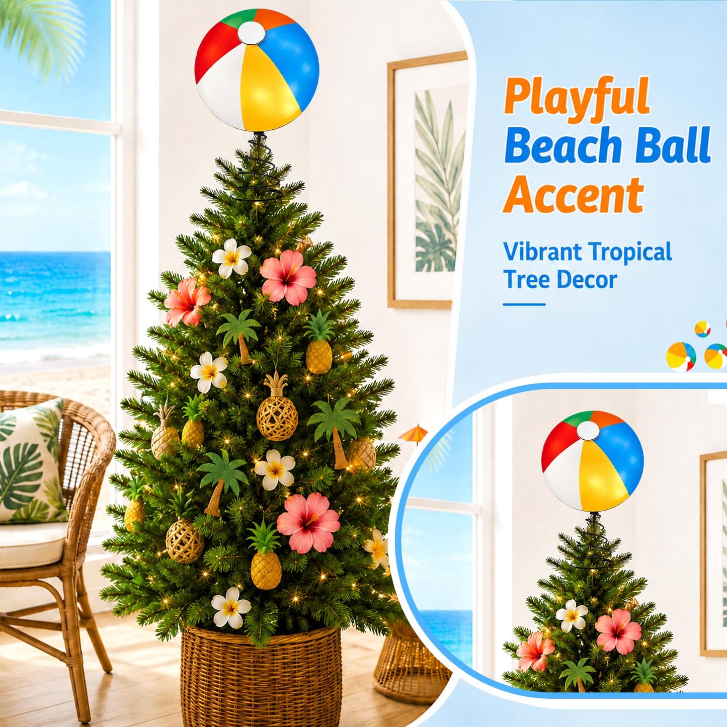 APUDWN 10 x 6.5 Inch Wood Beach Ball Tree Topper with LED Lights, Christmas in July Summer Tree Decorations for Tropical Pool Party Hawaiian Theme Battery Powered Beach Ball Holiday Decor