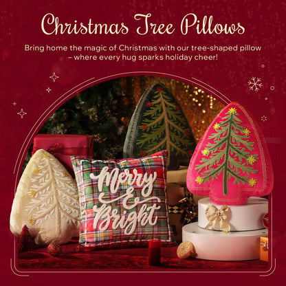 Phantoscope Merry Christmas Tree Decorative Throw Pillow, Velvet Beads Embroidery 3D Shaped Cushion, Suitable for Sofas, Living Rooms, and Beds, Red, 18 x 14 in