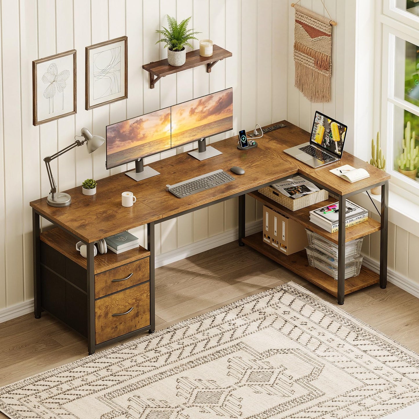 AODK 55 inch L Shaped Computer Desk with Drawers, Reversible Computer Desk with Storage Shelves, Home Office Desk with Built-in Power Outlet, Rustic Brown