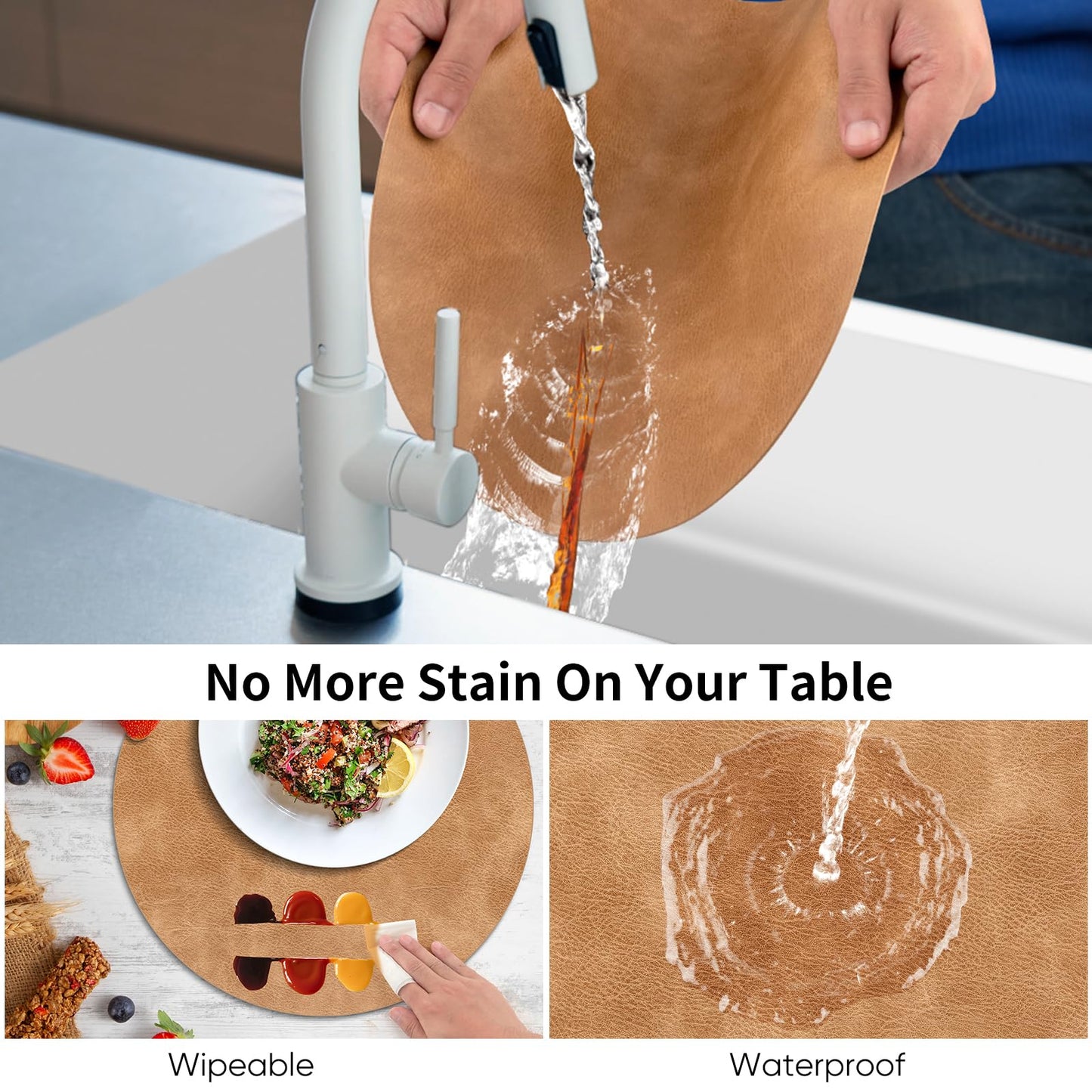 ADRIMER Placemats, Heat Resistant Round Placemats Set of 12 Washable, Waterproof Table Mats, Wipeable Faux Leather Place Mats for Kitchen, Dining Room, Camel