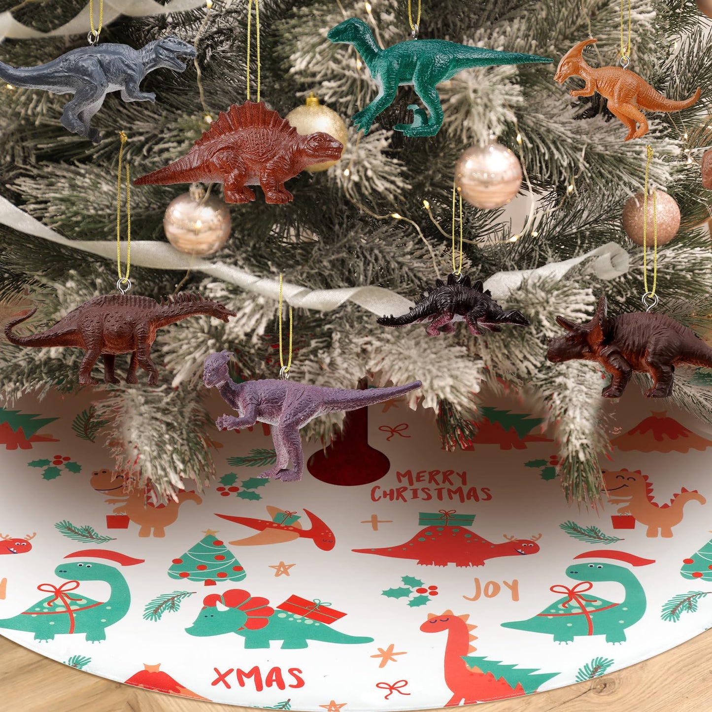 Leyndo 26 Pcs Christmas Tree Topper Ornaments Set Santa Riding Dinosaur Topper 24 Pcs Dinosaur Ornaments 30'' Xmas Tree Skirt