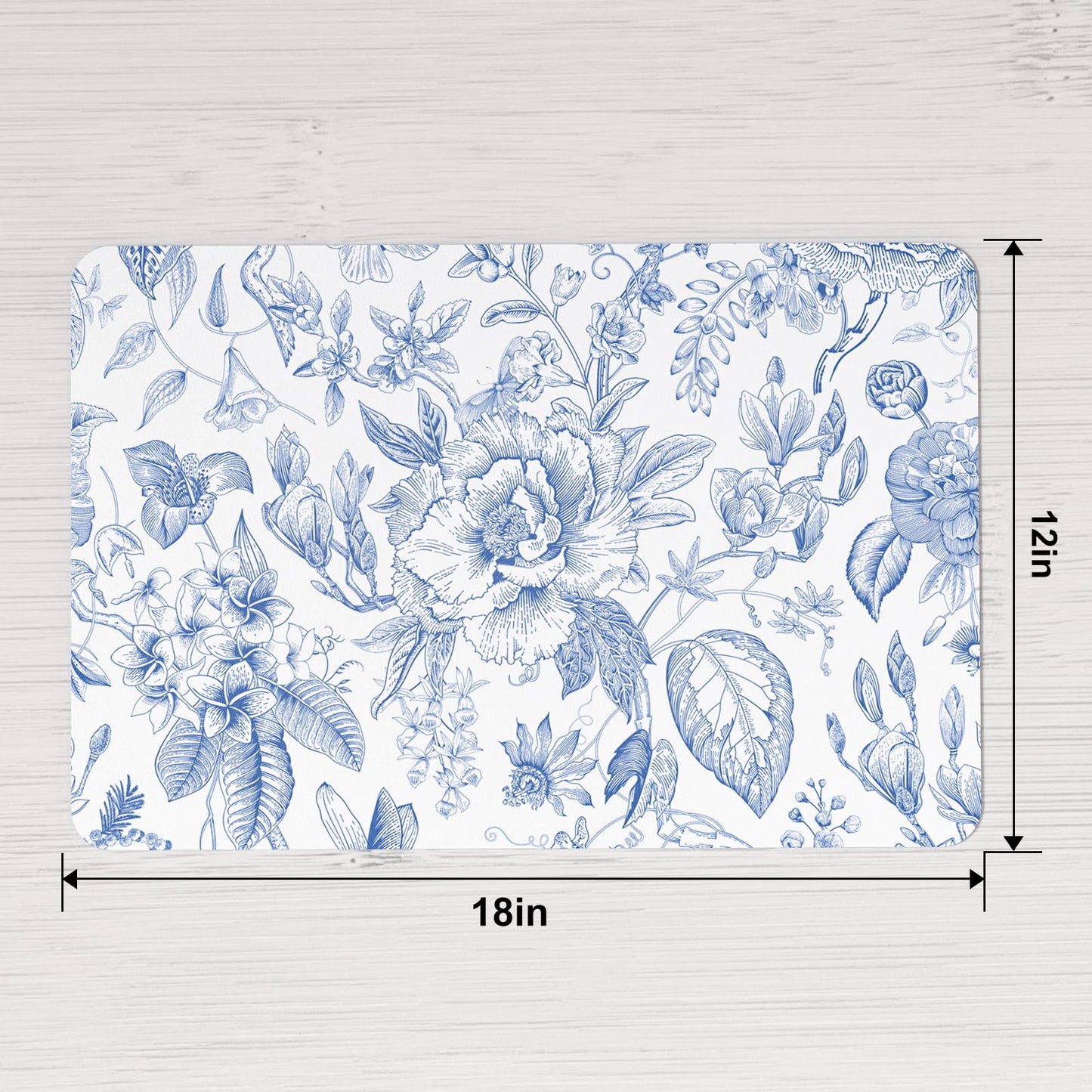 QiyI Placemats Set of 6, 12x18 Inch Faux Leather Place Mats for Kitchen Dinning, Heat Resistant Anti Slip Floral Table Mats, Waterproof Wipeable Washable Placemat Party Table Décor, Blue Flowers