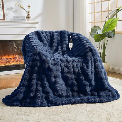 Heated Blanket Electric Throw Blanket 50''X 60''-Heating Blanket with 6 Heat Settings-4 Hours Auto Off,Cozy Faux Rabbit Fur Bubble Electric Blanket,Navy Blue