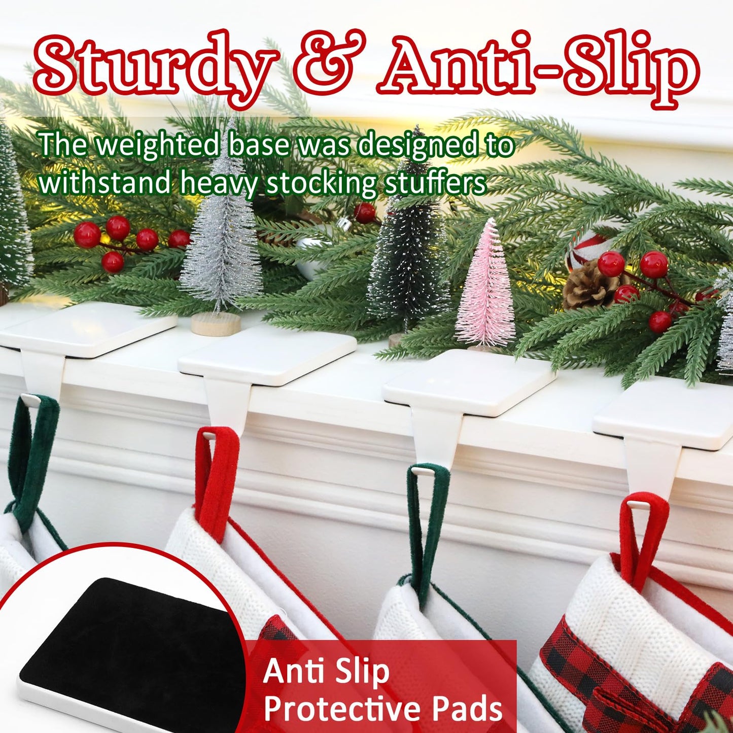 HMASYO Christmas Stocking Holders for Mantle Set of 4, White Heavy Duty Iron Stocking Hangers Base, Low Profile Weighted Stocking Holder Hooks for Fireplace Tabletop Shelf Christmas Decoration