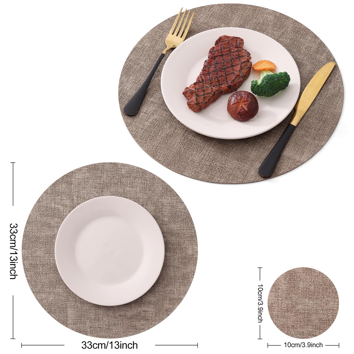 Homaxy Round Faux Leather Placemats and Coasters, Washable Dual-Side Table Mats, Wipeable Heat-Resistant Dining Place Mats for Outdoor and Indoor, Set of 8, Diameter 13 and 3.93 inch, Light Brown
