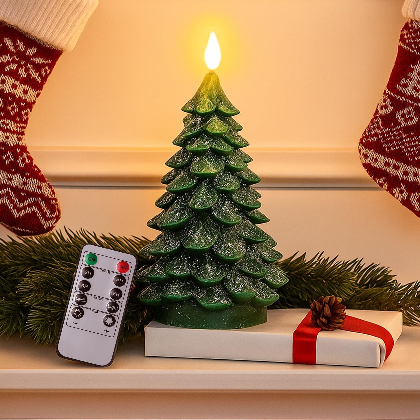 LiuSuper Christmas Tree Flameless LED Candle with Remote Timer, 1PC Real Wax Battery Operated Flickering Candle with Snowfall Effect, Safe for Holiday Home Decor