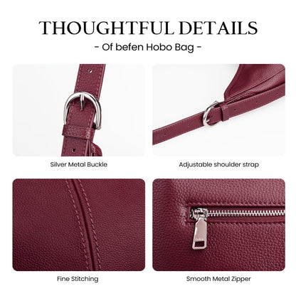 befen Genuine Leather Hobo Bags for Women, Soft Real Leather Women's Shoulder Bag Handbags, Shoulder Purse Designer Bags with Adjustable Strap for Daily Work Travel Fall Fashion, Burgundy