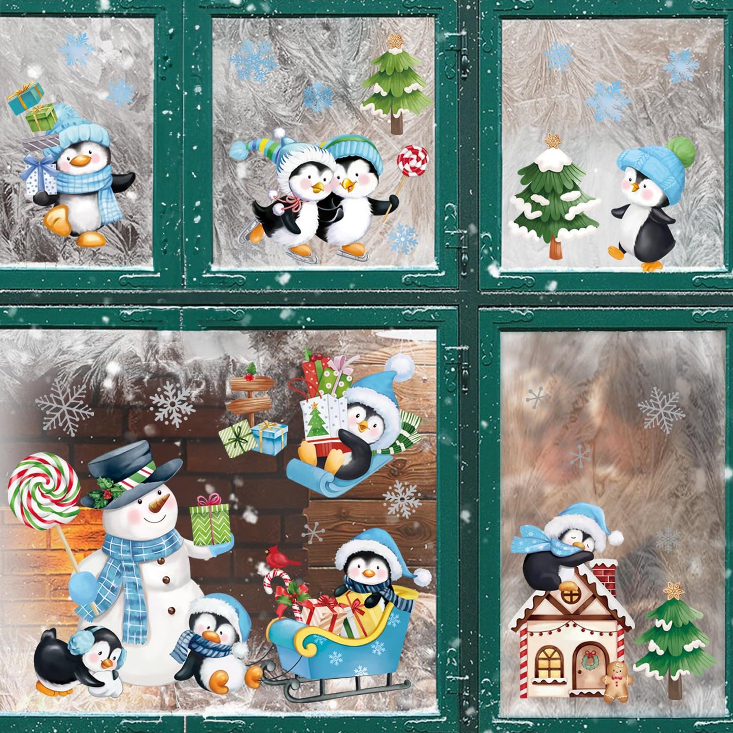 Wondever Penguins Christmas Wall Stickers - Snowman, Pine Tree, Snowflakes, Window Art Decals for Xmas Party