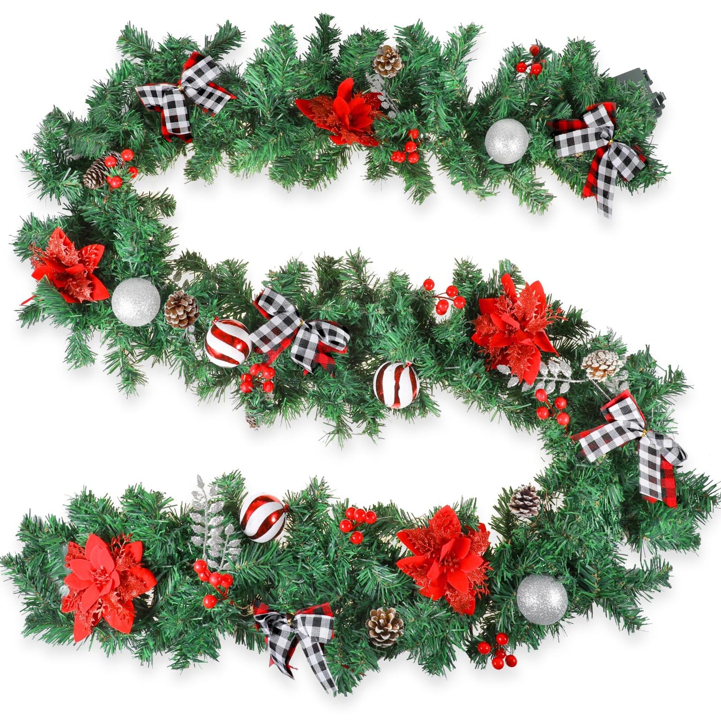 Christmas Garland with Lights,Pre-lit 9ft Christmas Decorations with 50 LED Lights,with Waterproof Battery Box,Indoor&Outdoor Use,for Stairs Fireplace Front Door Porch Home (Battery NOT Include)