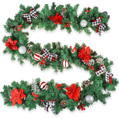 Christmas Garland with Lights,Pre-lit 9ft Christmas Decorations with 50 LED Lights,with Waterproof Battery Box,Indoor&Outdoor Use,for Stairs Fireplace Front Door Porch Home (Battery NOT Include)