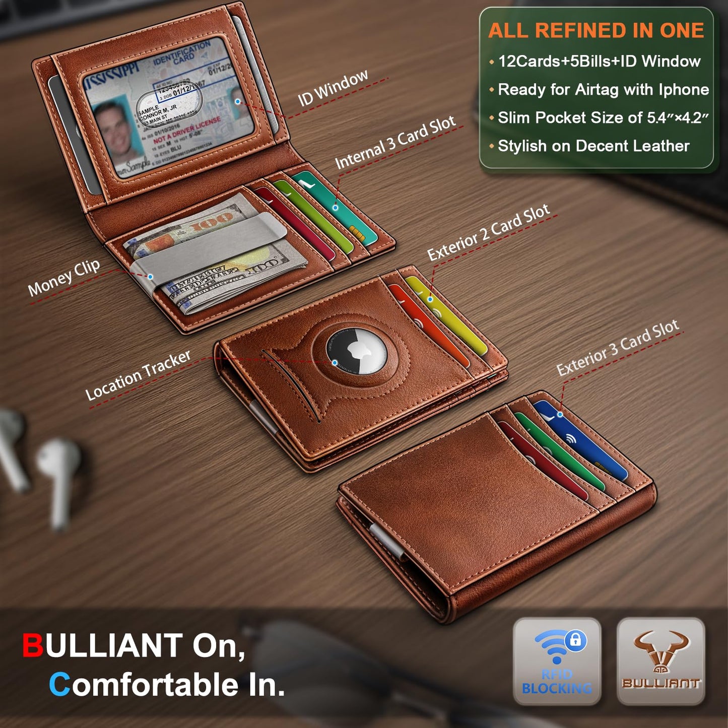 BULLIANT Men Airtag Wallet,Slim Wallet Money Clip Card Holder Magnetic Closure 12 Cards in Front Pocket RFID Blocking