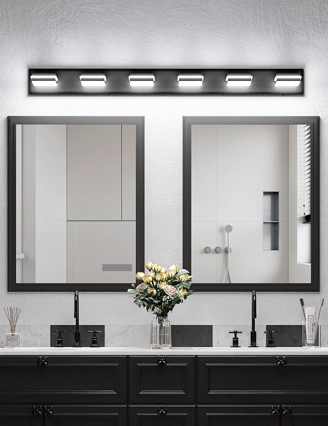 VOLISUN Modern Bathroom Vanity Light Fixtures (6-Light, 48-Inch), Matte Black LED Bathroom Lighting Fixtures Over Mirror, 360°Rotatable Head, LED Vanity Lights for Bathrooms (Cool White 6000K)