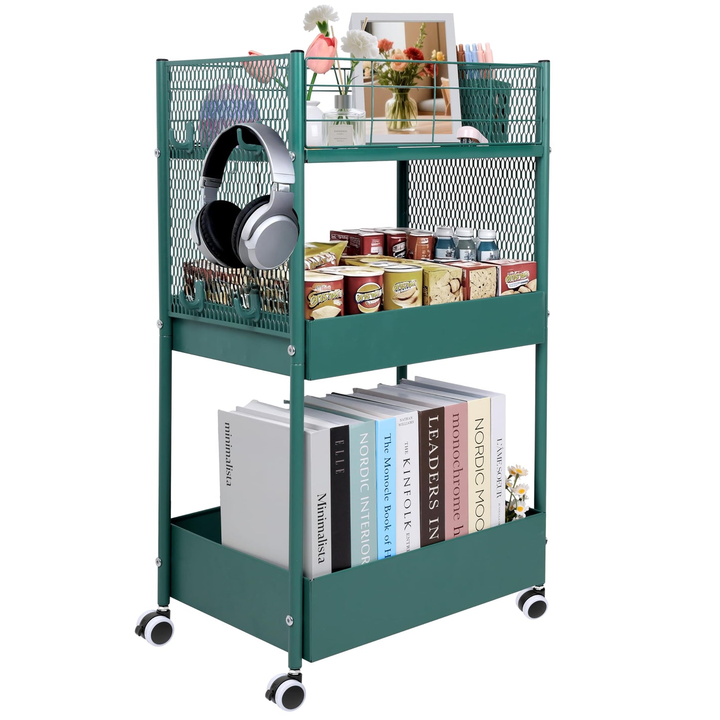 3-Tier Rolling Storage Cart Metal Utility Cart with Wheels, Office Organizer with Hanging Cups, Hooks, Book Snack Craft Mobile Shelving Unit for Office Kitchen Nursery