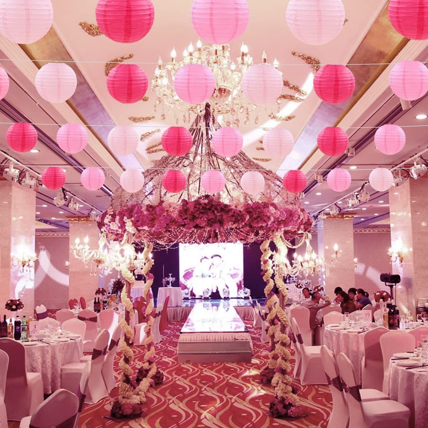 SIPRKAICT Pink Paper Lanterns Party Decorations,12pcs Hanging Paper Lantern for Wedding,Engagement,Bachelorette,Baby Shower,Valentine's Day,Birthday Party