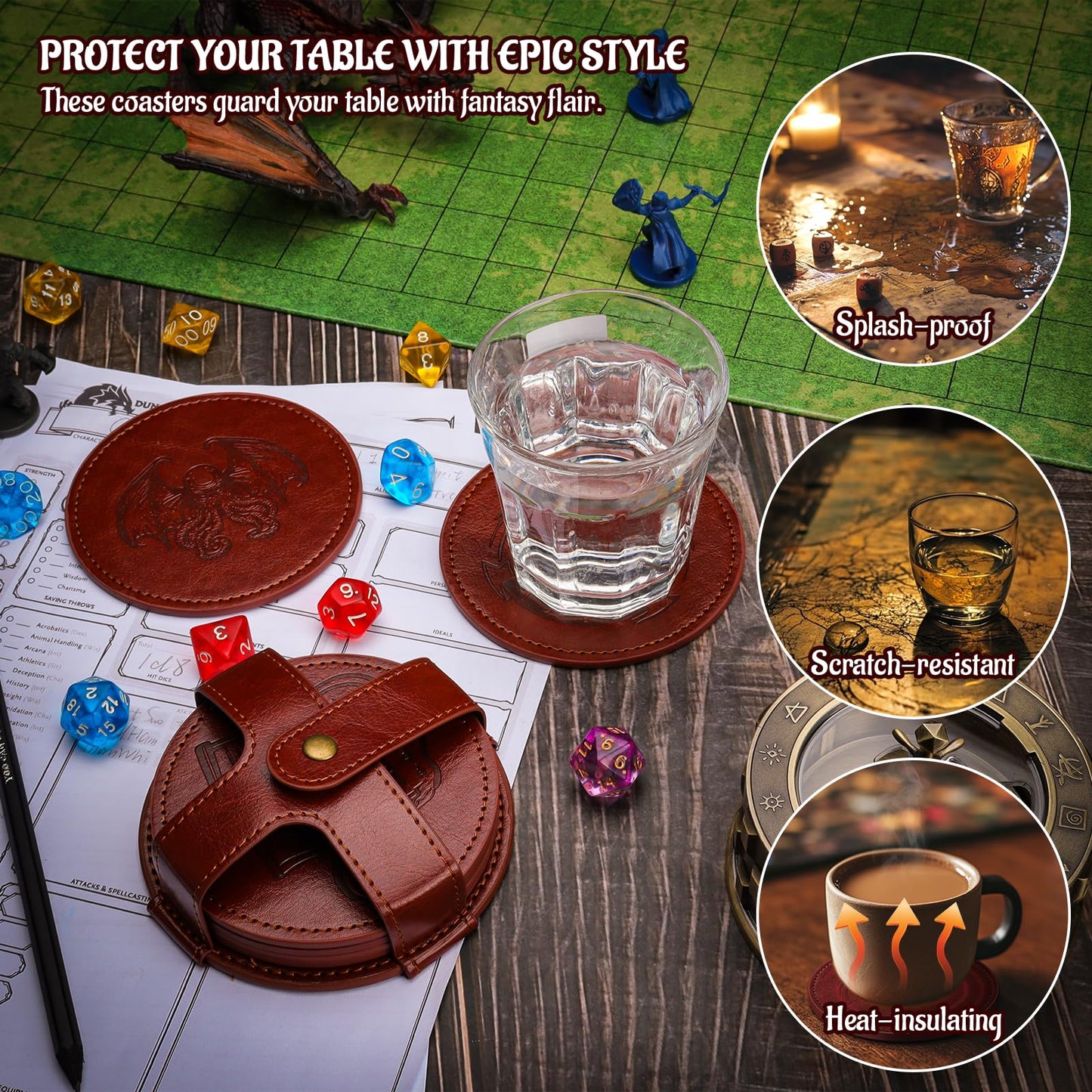 CZYY DND Coaster Set, Set of 6 Faux Leather Coasters with Storage Holder, Embossed with Dragon, Beholder, Mimic, Cthulhu, D20 & Dungeon Master, DND Inspired Gift for DM & Gamer