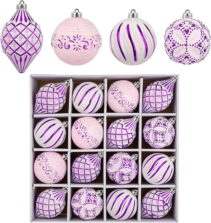 16PCS Shatterproof Christmas Ball Ornaments Set, Hand-Painted Holiday Decor with Assorted Sizes & Designs for Christmas Tree Thanksgiving Party Decoration, Purple-White