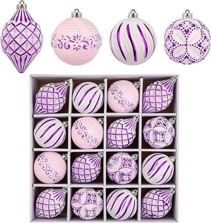 16PCS Shatterproof Christmas Ball Ornaments Set, Hand-Painted Holiday Decor with Assorted Sizes & Designs for Christmas Tree Thanksgiving Party Decoration, Purple-White