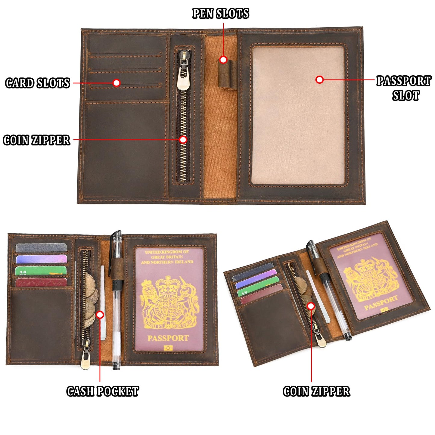 Leather Passport Holder Passport Cover Wallet with Card Holders, Travel Wallet Cover Case for Men and Women, Travel Documents Organizer Protector
