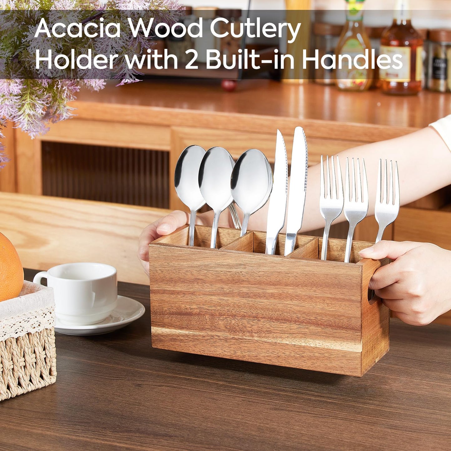 VIVIRBIEN Acacia Wooden Silverware Holder, Kitchen Utensil Caddy with 3 Compartments, Cutlery Storage Organizer Countertop, Flatware Organizer for Party, Spoon, Fork Holder