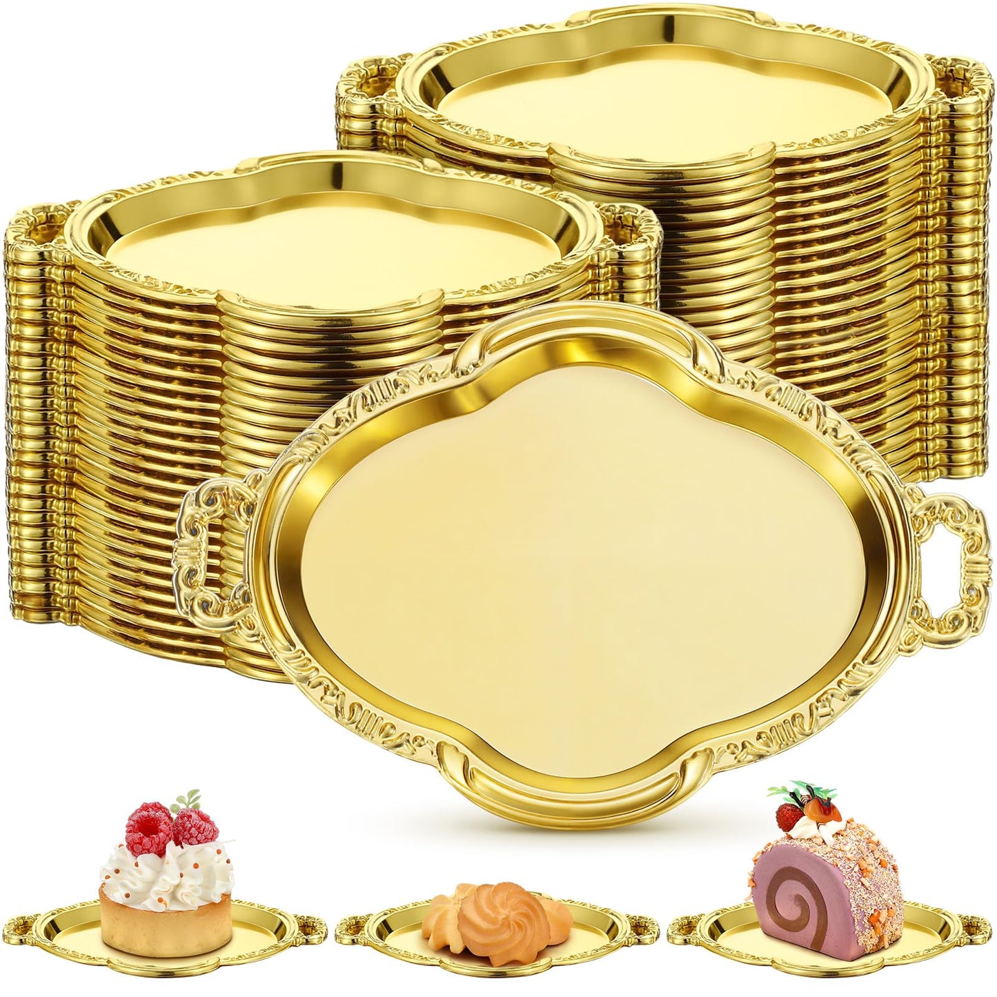 Ferrochef 50 Pcs Oval Mini Baroque Dessert Display Tray Mini Elegant Plastic Serving Tray Small Cake Candy Plates for Weddings Party Bridal Baby Shower, Birthday, Candy Jars Decorations (Gold)