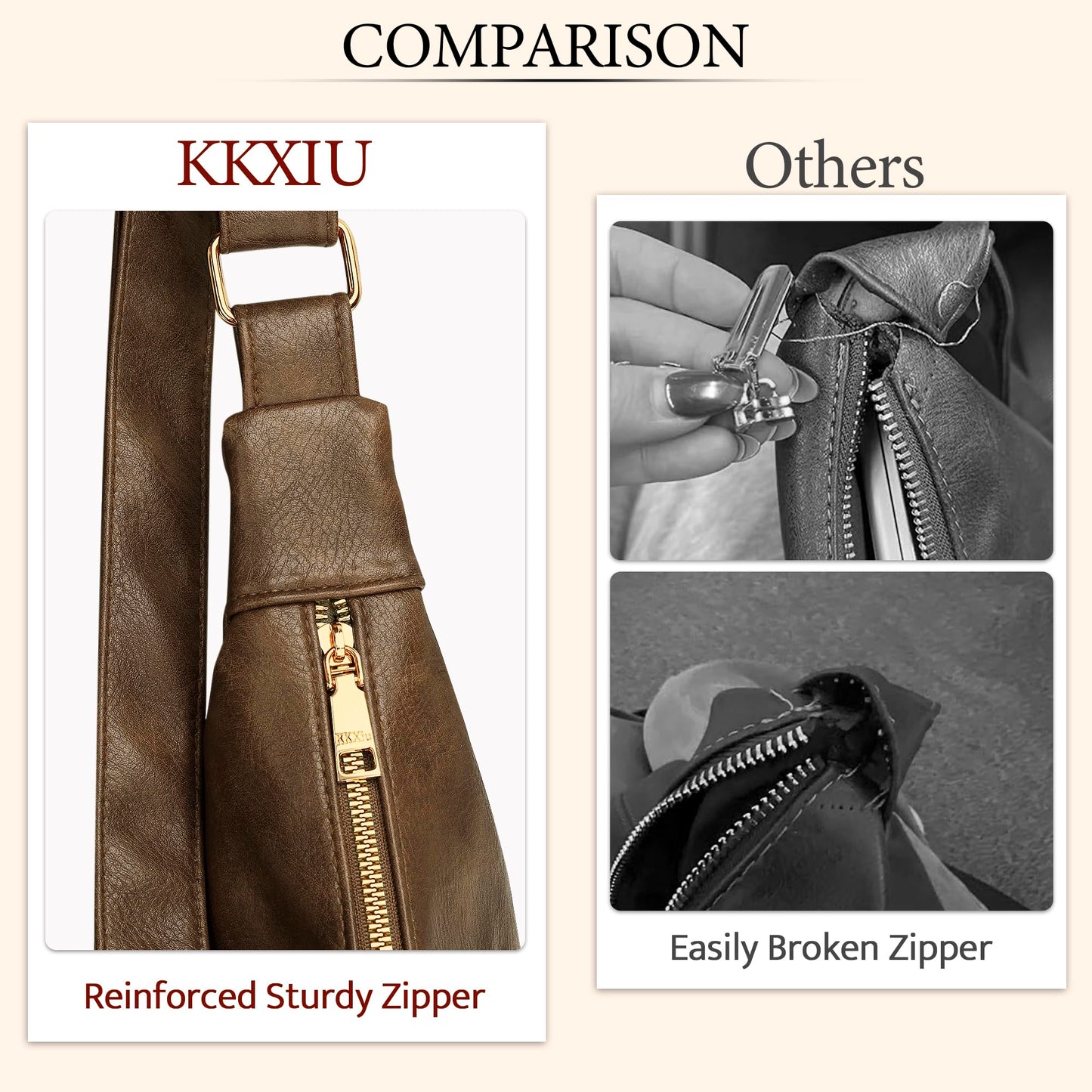 KKXIU Slouchy Hobo Bags for Women - Ultra Soft Foldable Shoulder Handbag Vegan Leather Tote Purse with Reinforced Zipper (Apricot)