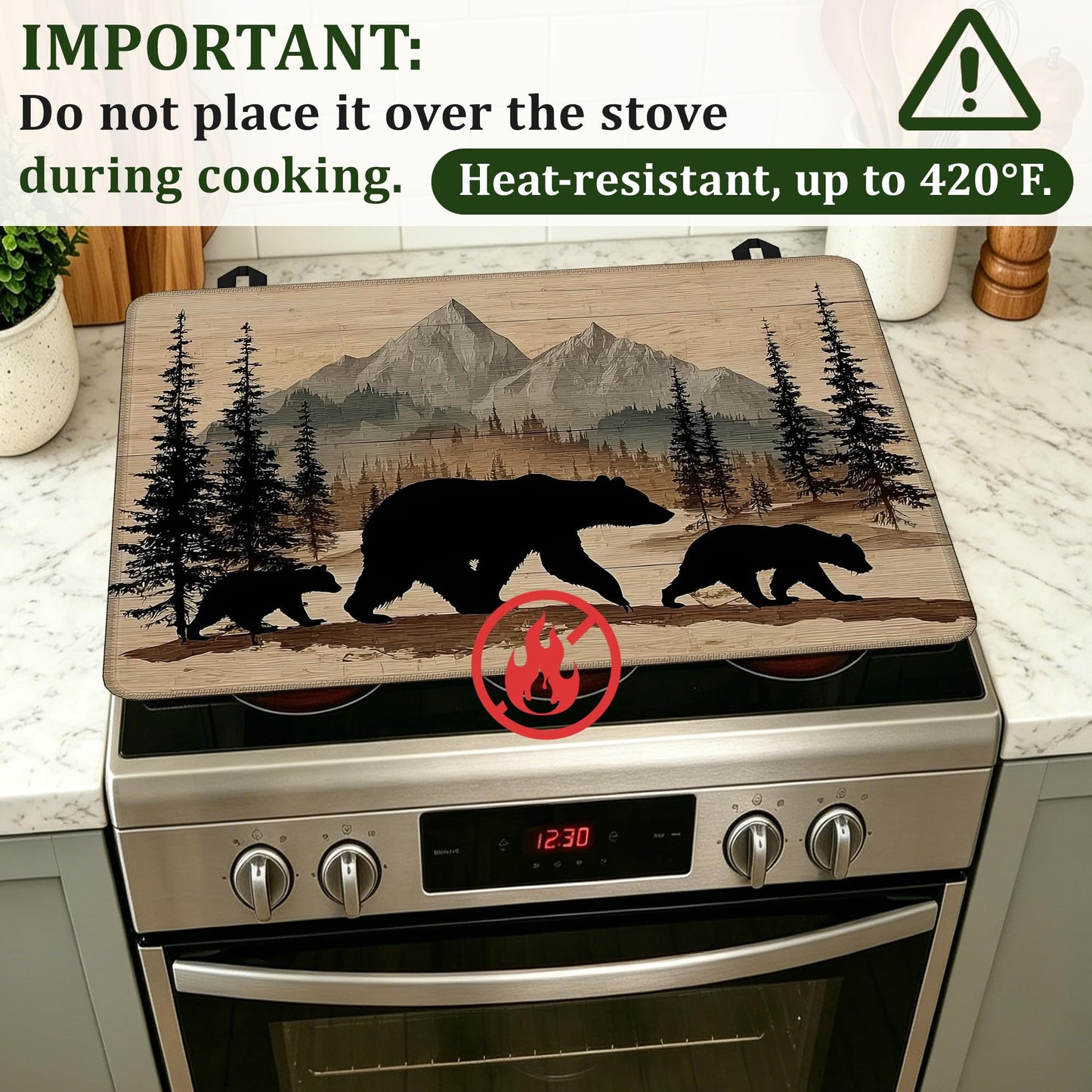Bear Stove Top Cover Glass Cooktop Heat Resistant Cover,Mountain Forest Ceramic Stove Top Covers Mat Prevents Scratching Stoves/Counter/Washer Protector,28.5x20.5 in