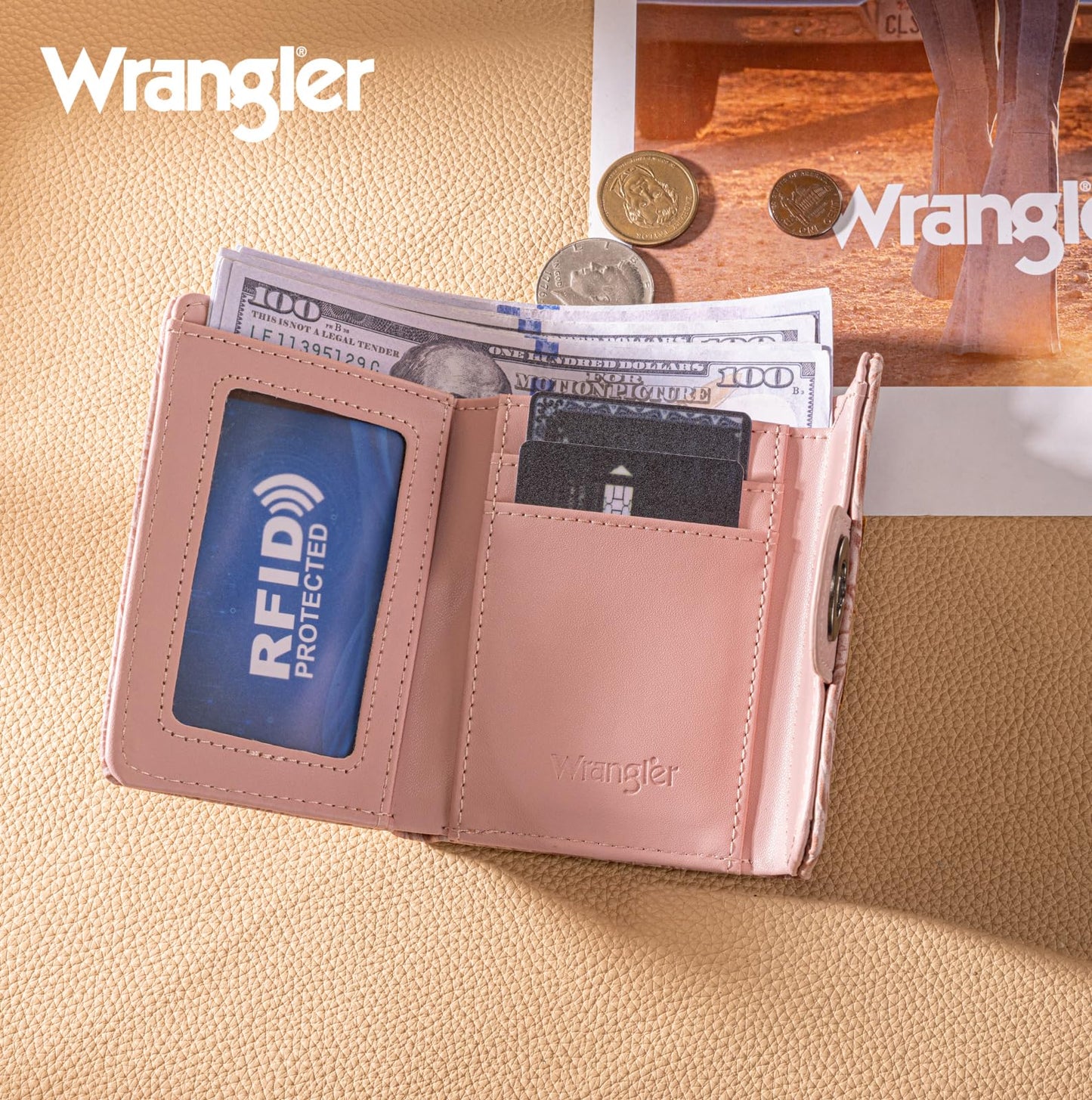 Montana West X Wrangler Small Wallet Minimalist Trifold Women's Wallets Card Cases Western Floral Money Organizers with Rfid Blocking Lining and Zipper Coin Pocket
