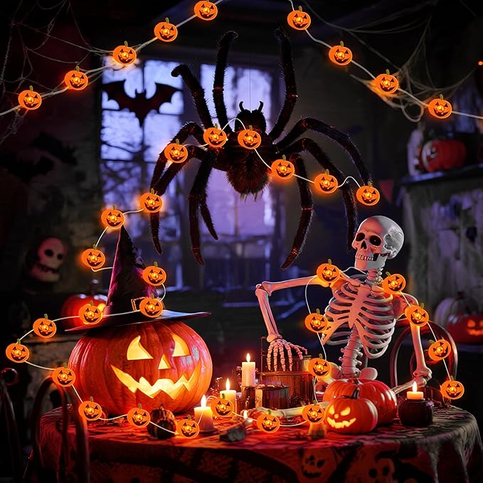 Halloween Pumpkin String Lights, 16 ft 50 LED Orange Battery Operated Lights for Lawns Garden Outdoor Holiday Party Decorations (2 Pack)