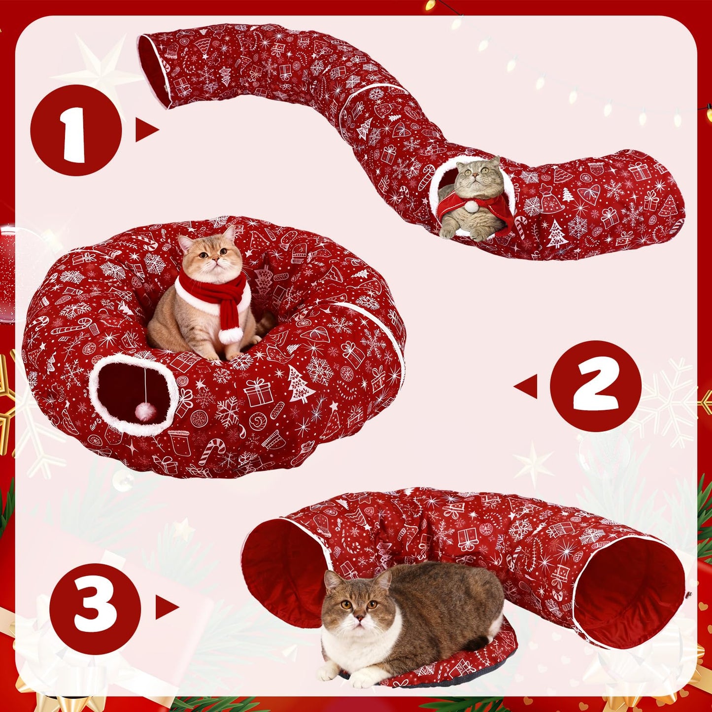 SilTriangle Cat Tunnel Christmas Tree Skirt Cat Donut Tunnel Bed for Indoor Cats with Ball Snowflake Collar Cats Cave for Small Medium Kitten Puppy Under Xmas Trees Decor Gift(Gift Box)