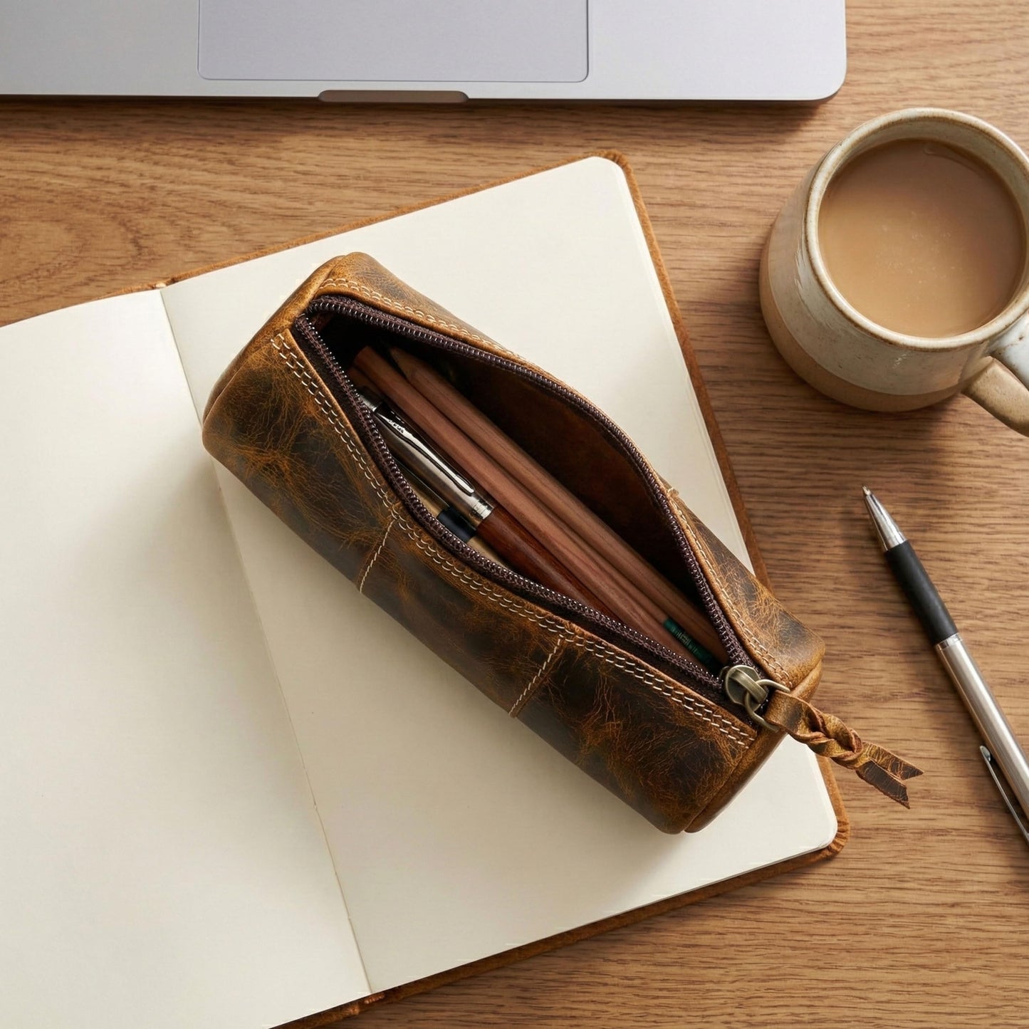 LEATHER TOWN Leather Pencil Case - Full Grain Leather Zippered Pen Pouch - Bag Pen Holder for Work & Office (Antique Brown)