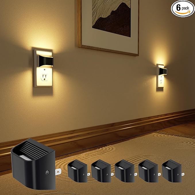 VOLISUN Night Lights Plug into Wall, 6 Pack Up and Down LED Night Light with Dusk to Dawn Light Sensor, 3000K Warm White Nightlight for Hallway, Bedroom, Bathroom, Kitchen Black