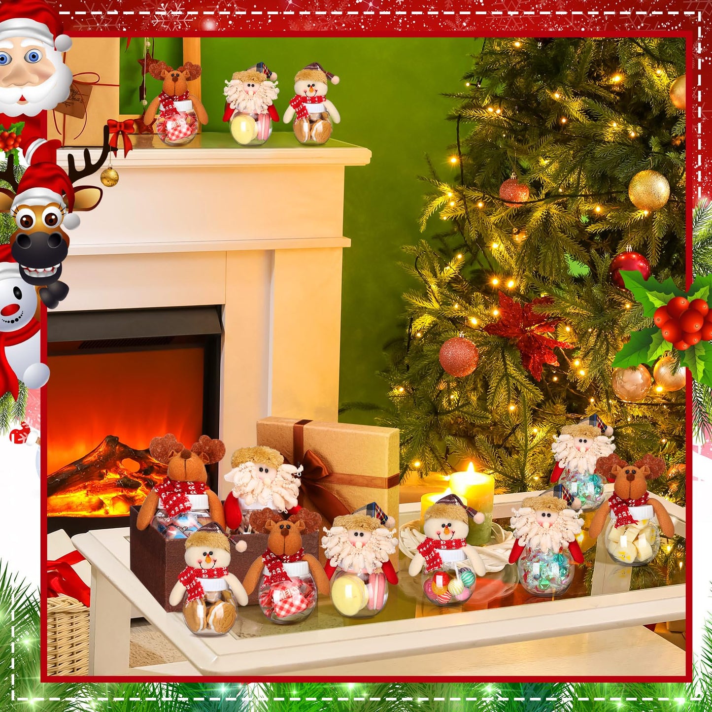 Reallnaive 12 Pcs Christmas Candy Jars with Snowman Santa Elk Lid 5.91 x 3.1 Inch Plastic Clear Christmas Cookie Chocolate Jar Xmas Snack Food Storage Container for Gifts Holiday Party Favor Supplies