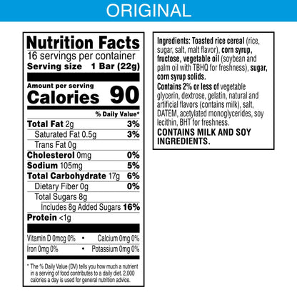 Rice Krispies Treats Marshmallow Snack Bars, Kids Snacks, Lunch Snacks, Original, 12.4oz Box (16 Bars)