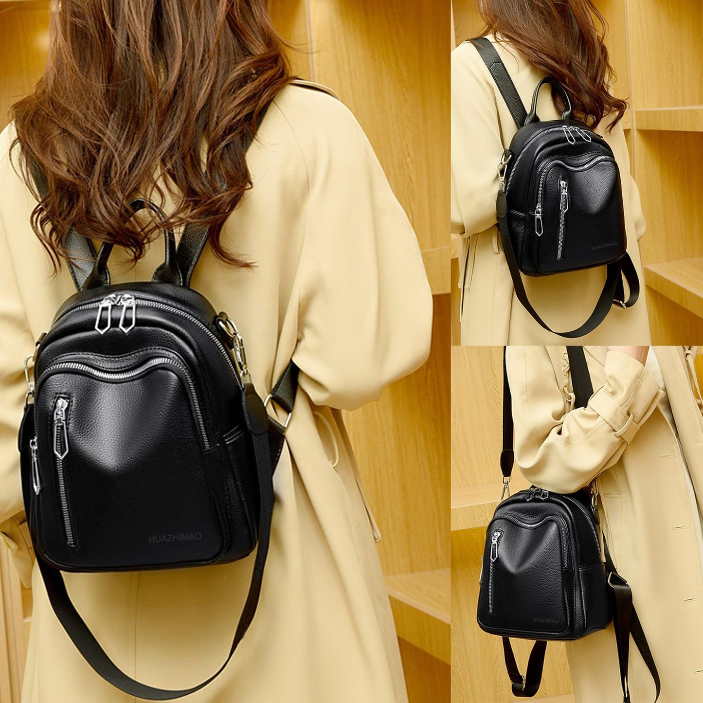 HUAZHIMAO Small Backpack Purse for Women Mini Backpacks PU Leather Women's Versatile 3 in 1 Fashion Handbag Travel Daypacks (Black)