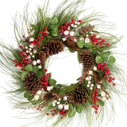 wwmira 26 Inch Large Christmas Wreath for Front Door, Extra-Large Artificial Wreath with Pine Cones, Red & White Berries, Nuts and Eucalyptus on Grapevine Base, Big Outdoor Holiday Decor