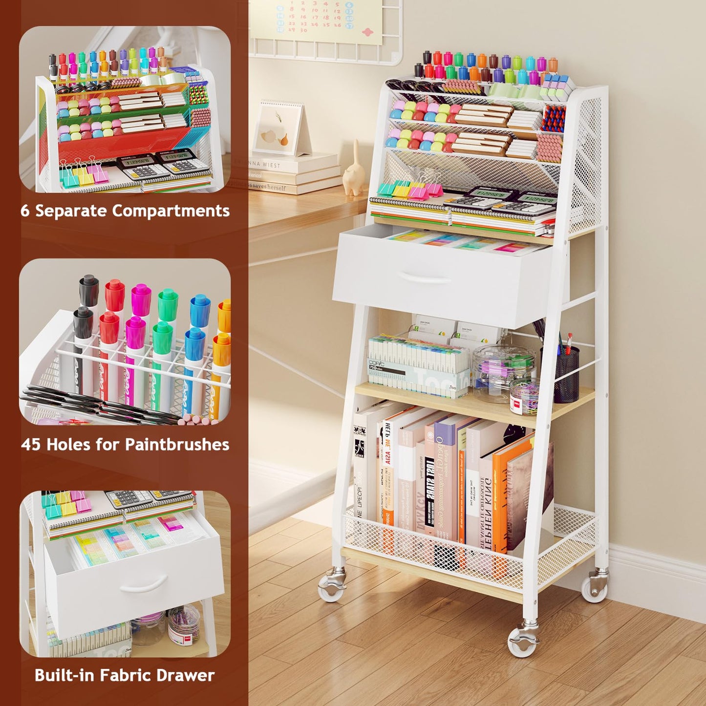 Homsorout 3 Tier Rolling Cart - Metal Utility Cart with Storage Drawer and Wheels, Versatile Art & Craft Organizer for Home, Office, or Studio - Ideal for Storing Brushes, Paints, and Supplies（Maple）