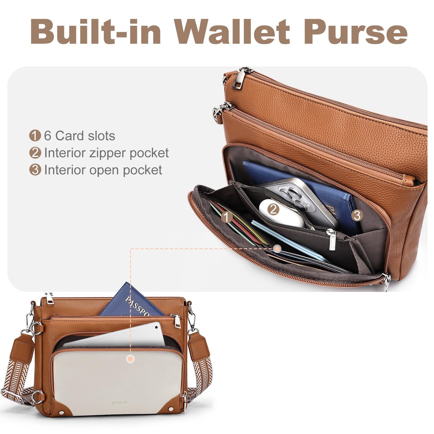 SYTRAH Anti-Theft Crossbody Purse for Women, Crossbody Shoulder Bag with Built-in Wallet & RFID Blocking for Travel Workout Beige Brown