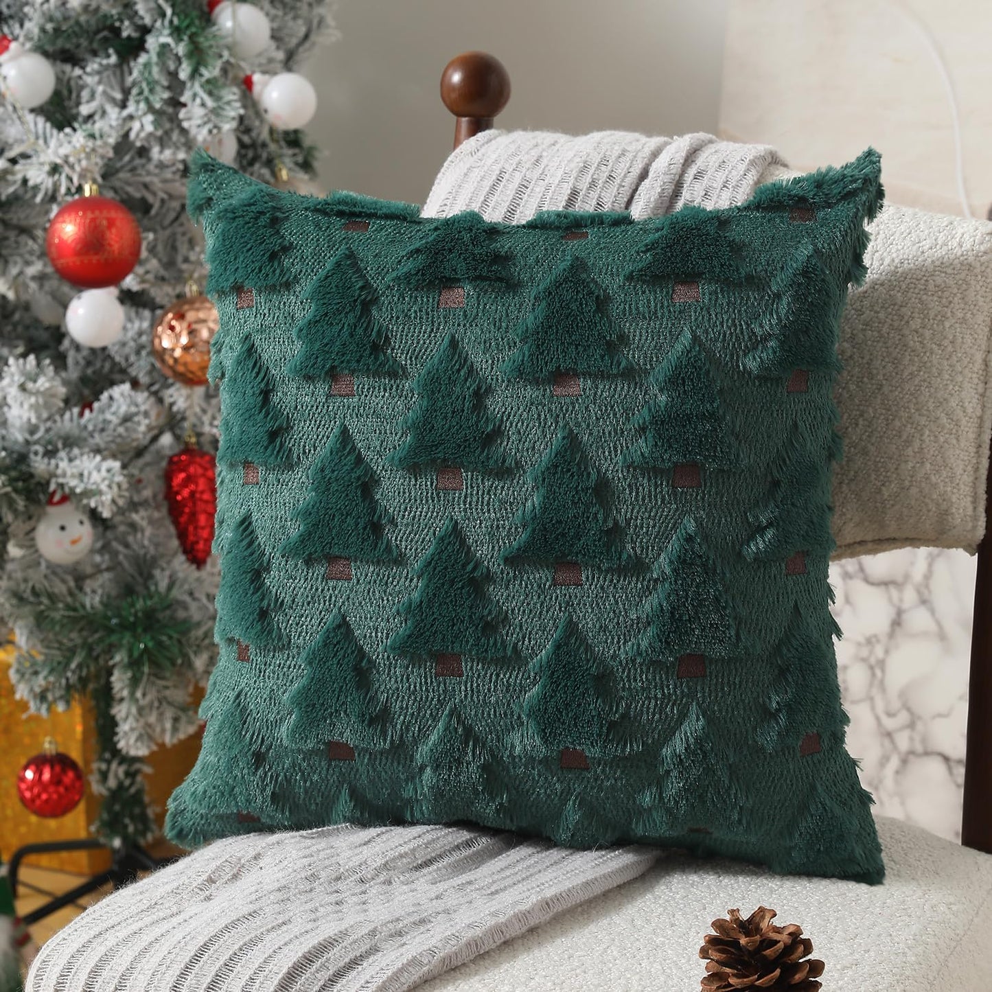 Allorry Christmas Pillow Covers 18x18 inch Set of 2 Christmas Decorations Soft Plush Faux Fur Wool Green Christmas Tree Throw Pillow Cases Winter Holiday Decor for Sofa Living Room PT-002A18