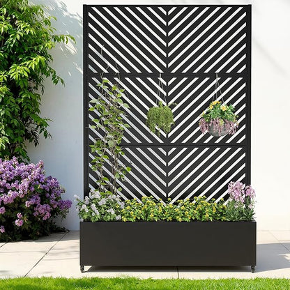 Metal Raised Garden Bed with Trellis & Wheels,72" x 47"x 15.7" Planter Box with Trellis,Privacy Planters for Patio,Garden Bed for Climbing Plants,Suitable for Climbing Plants and Vegetables,Black