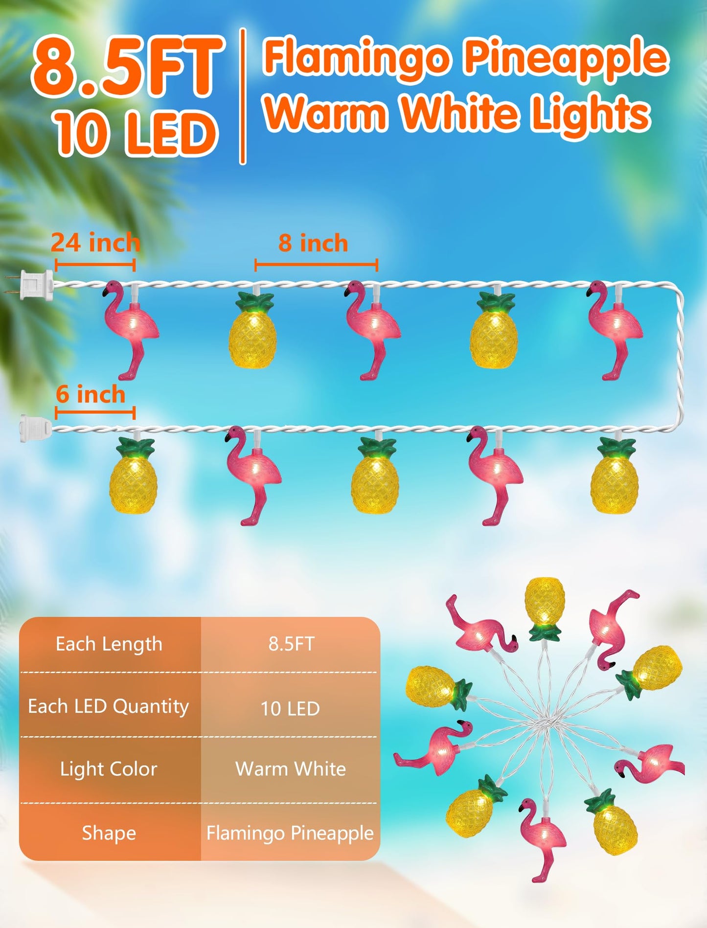 8.5FT Flamingo Pineapple Summer String Lights, Boho Tropical Tiki Summer Decorative String Lights with 10 LED Bulbs, Connectable Outdoor Indoor Decor for Hawaiian Luau, Pool Party, Patio, Beach
