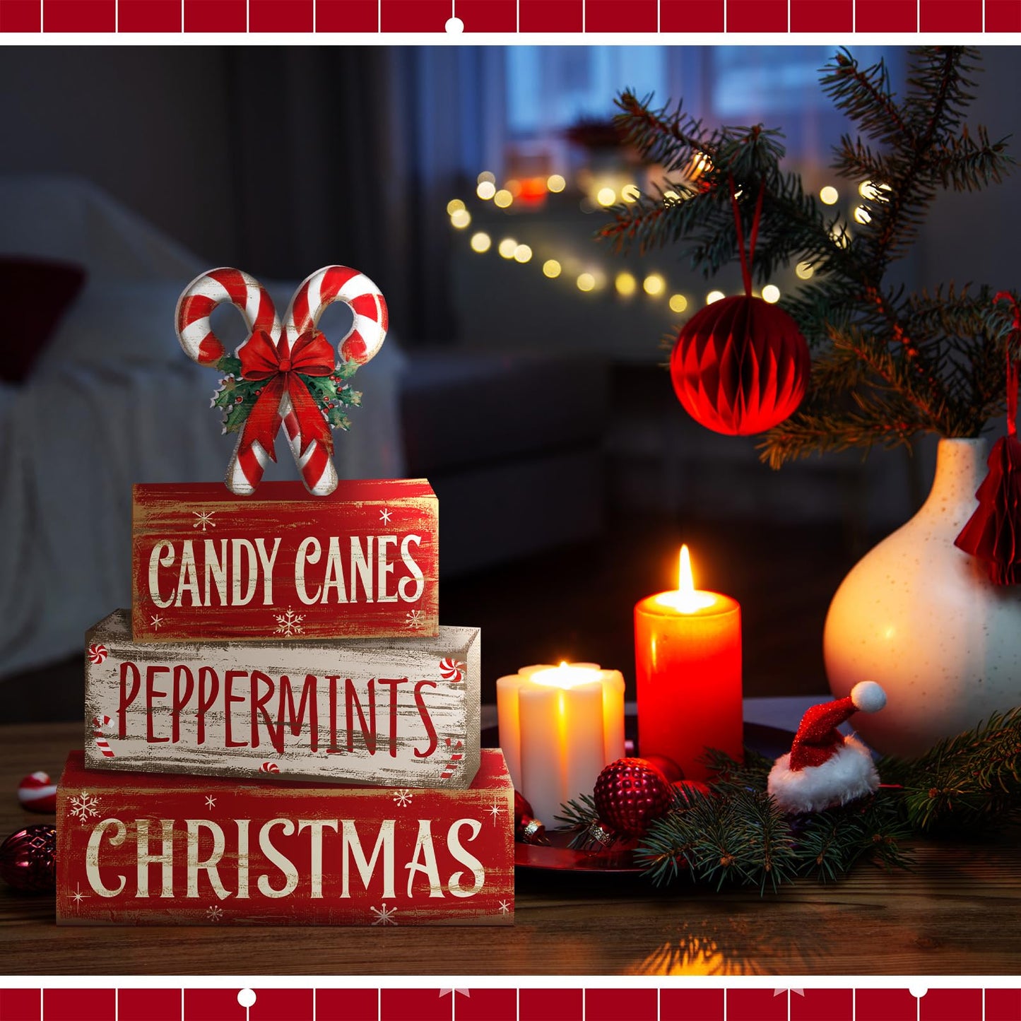 Moucuny 4 Pcs Christmas Candy Cane Table Decor Christmas Wooden Decorative Signage Red and White Stripes Candy Cane Xmas Tiered Tray Decor Centerpieces Farmhouse Wooden Block Set for Home