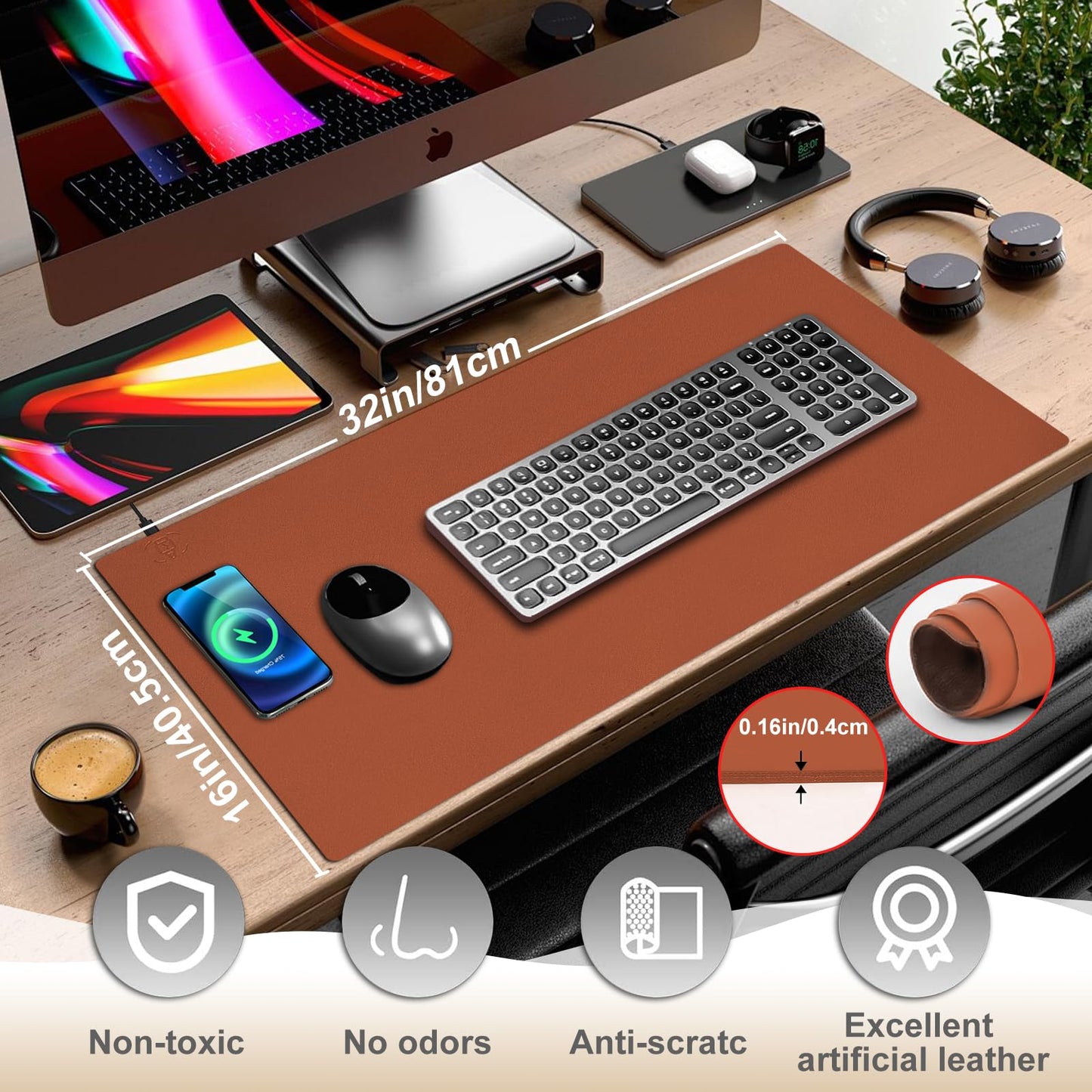 Desk Mat with Wireless Charging, Brown Mouse Pad with Wireless Charger, Desk Pad Matt for Desktop, Mousepad Gaming Large Mouse Pad, Leather Compute for Keyboard and Mouse, 32" x 16"