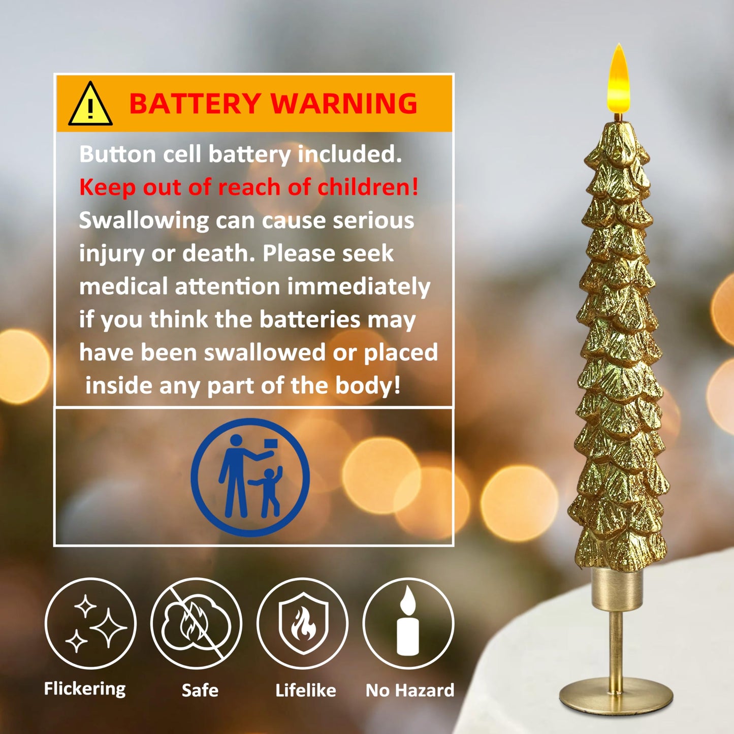 XINAOBAOLUO 10 in Gold Christmas Tree Flameless Candle Window Candles with Remote Timer Battery Operated Taper Candle LED Taper Candles Set of 2